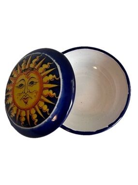 Vietri Italian Pottery Small Lidded Blue Yellow Sun Face Trinket Dish Celestial